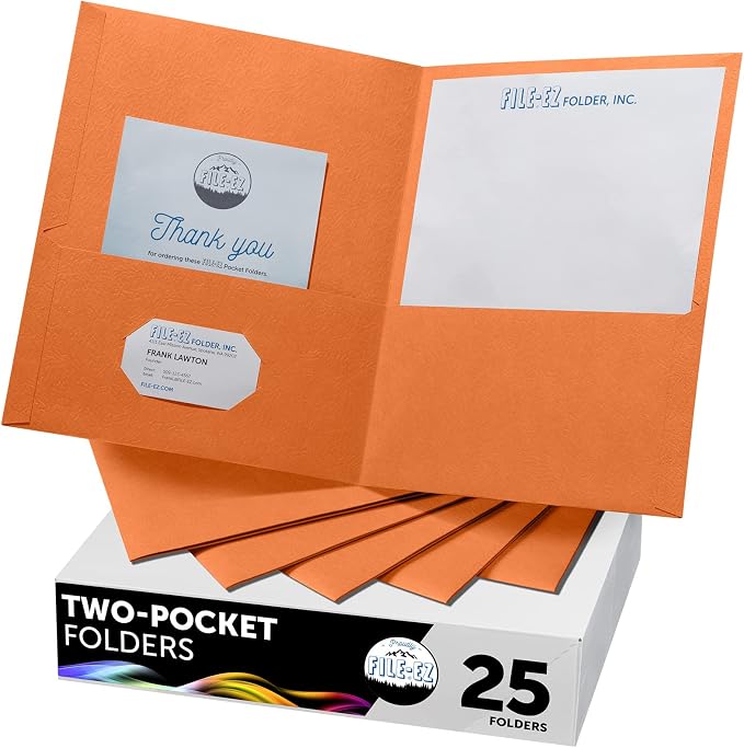 FILE-EZ Two-Pocket Folders, Orange, 25-Pack, Textured Paper, Letter Size (EZ-32565) by FILE-EZ