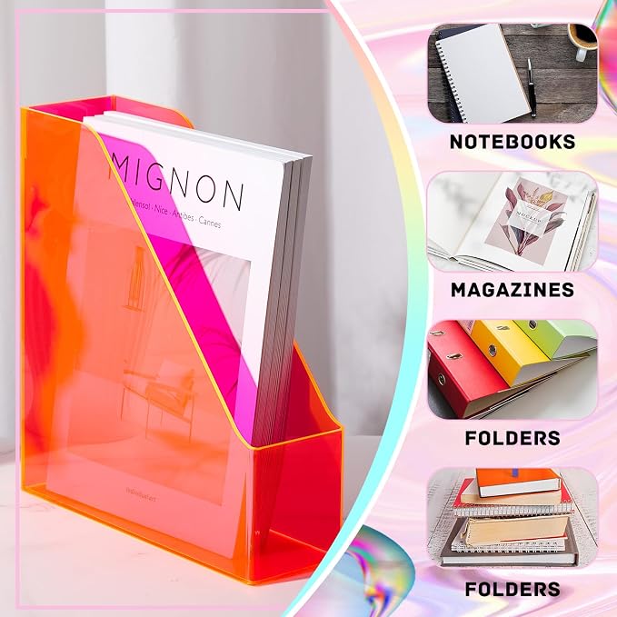 Engrowtic 2 Pcs Fluorescent Powder Vertical Magazine File Holder Acrylic Magazine Holder Storage Organizer Plastic Acrylic Rack for Office Classroom Home Document Paper Book Collection Back to School - Image 4