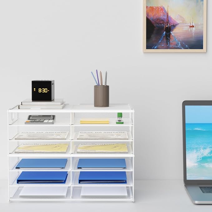 Lavatino 12 Compartments Paper Organizer for Desk, Mesh Literature Organizer, Mail File Sorter Tray with Handle, Desktop Mailbox for Office Classroom Home - White - Image 7