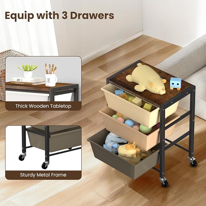 Rolling Cart with 3 Drawers, Plastic Drawer Storage Carts with Lockable Wheels & Wooden Tabletop, Metal Utility Cart Organizer, Office Bedroom Classroom Craft Organization and Storage, Dark Brown - Image 5