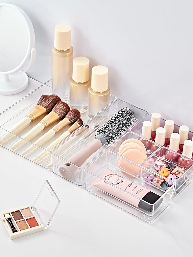 SMARTAKE 37 PCS Drawer Organizer 4 Size Desk Makeup Drawer Organizer Clear | Storage Trays with Non Slip Silicone Pads for Makeup , Jewelries, Utensils in Bedroom Dresser, Office, Kitchen and Bathroom - Image 3