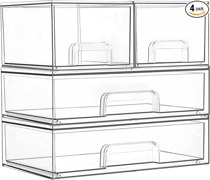 Vtopmart Stackable Storage Drawers Set of 4, Clear Plastic Organizer Bins for Bathroom Supplies,Ideal for Cabinet,Pantry,Laundry Room Organization by Vtopmart
