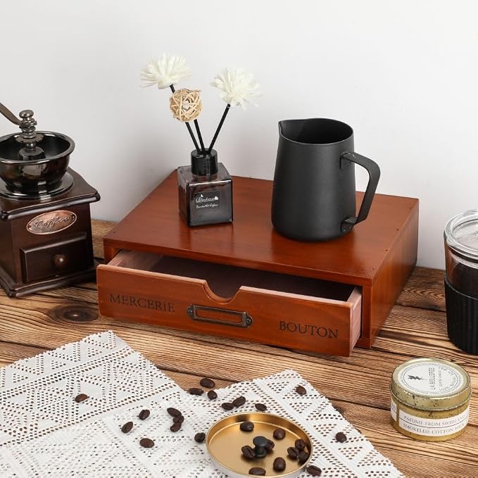 Wooden Drawers Brown Wood Desktop Organizer with Drawers | Vintage Wooden Storage Box for Apothecary Cabinet, Wood Drawer, Countertop Drawer for Library Card Catalog Cabinet - Image 2