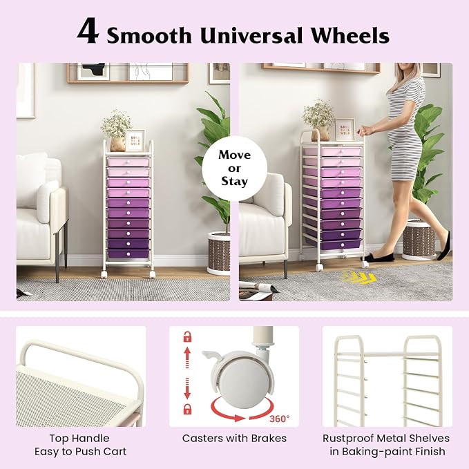 Giantex 10-Drawer Storage Cart w/Universal Wheel, Rolling Cart w/Handle, Home Organizer Storage Unit w/Removable Drawers, Trolley Utility Cart for Kitchen Makeup Living Room Office Play Room - Image 8