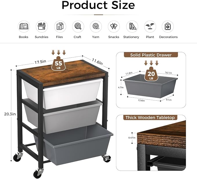 Rolling Cart with 3 Drawers, Plastic Drawer Storage Carts with Lockable Wheels & Wooden Tabletop, Metal Art Craft Utility Cart Organizer for Home Office Bedroom Dorm Bedside Classroom, Dark Gray - Image 4