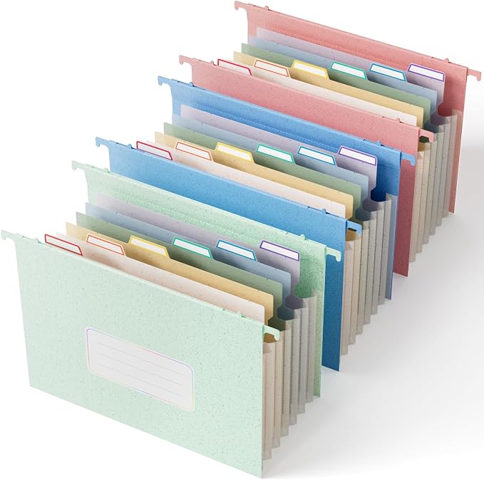 EcoStash Wheat Straw Hanging File Folders,7-Pocket Accordion Organizer | Large Capacity, Letter Size for Filing Cabinet, Healthy Living- UN Blue& Mint Green&Strawberry Pink-3 Packs by EcoStash