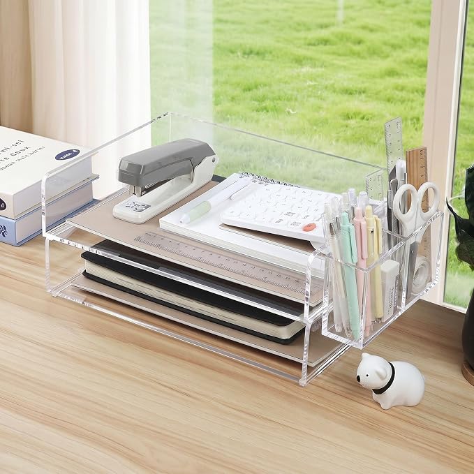 2 Pack Acrylic Paper Tray and Pen Holder Organizer for Desk Clear File Organizer,Acrylic Desk Organizers and Accessories Sorter,Perfect for File Paper, Ipad, Letter, A4 Office File, Books, Notes. - Image 3