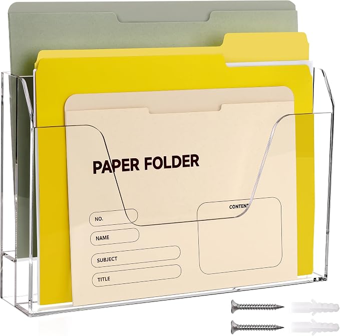 DINGHUO Wall Hanging File Organizer, Acrylic Mail Organizer wall mounted File Holder, Clear 2 Tier Folder Paper Document Magazine Rack for Desk Office School Home - 1 Pack by DINGHUO