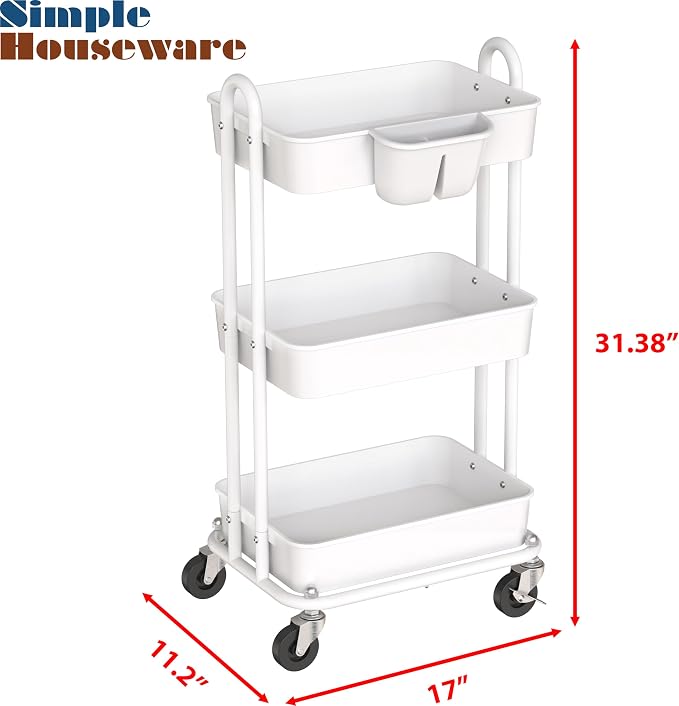 Simple Houseware 3-Tier Rolling Utility Cart with Hanging Bucket, White | Storage for Bathroom, Kitchen, Office, Study Room, Nursery Diaper - Image 6
