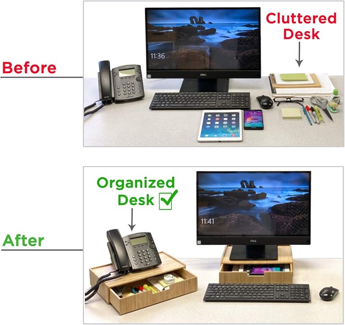 MobileVision Bamboo Drawer Large, Monitor Stand & Stackable Storage Solution for office products pens, pencils, scissors, notepads, business cards and more - Image 7