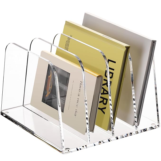 HeZone Desk File Organizer,4-Section Vertical Clear File Organizer File Holder Folder Holder Mail Sorter Acrylic Stand Rack,Office Organization for Home, Office & Classroom(1 Pack) by HeZone
