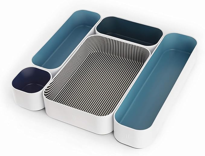 Three by Three Seattle Metal Drawer Organizer Tray Set, 5-Pc, 2" (Assorted) | Deep 2" food-safe metal bins; soft non-scratch base; perfect for kitchen utensils, tools & bulkier drawer items by ThreebyThreeSeattle