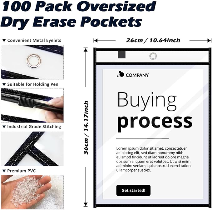 100 Packs Dry-Erase Pockets Bulk Oversized Reusable Dry Erase Pocket Sleeves with 6 Rings, 10x14 Black Ticket Holders, Clear Plastic Sheet Protectors, Teacher School Classroom Supplies - Image 2