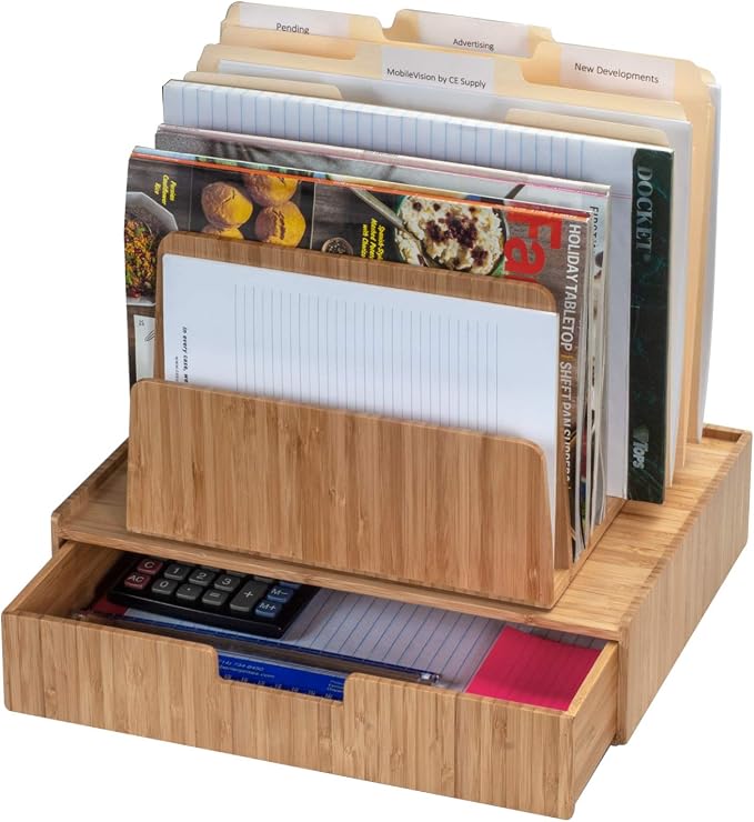 MobileVision Bamboo Desktop 7–Slot File Folder Organizer & Drawer Combo Storage for Office Supplies & Stationary items by MobileVision