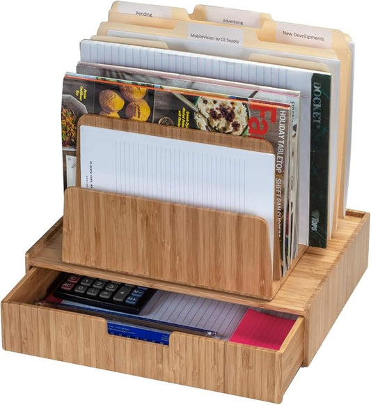 MobileVision Bamboo Desktop 7–Slot File Folder Organizer & Drawer Combo Storage for Office Supplies & Stationary items by MobileVision