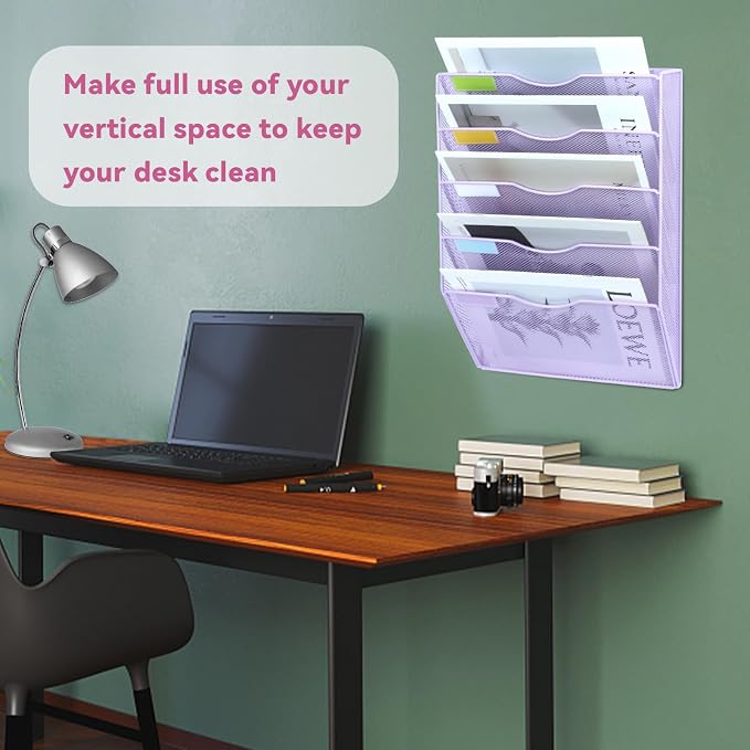 5 Pockets Mesh Wall File Holder Organizer Office Hanging File Folder Magazine Rack, Nametag Label Hooks Set Included (Purple) - Image 6