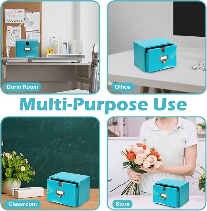 Blue 3x5 Index Card Holder with Drawer Wooden Index Card Box Vintage Card Catalog Box 30 Vintage Library Note Cards 5 Kraft Dividers for School Office Dorm Room Bedroom - Image 4