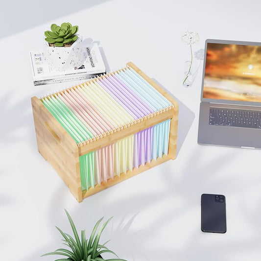 Bamboo Hanging File Organizer, Desktop File Box, Open Top, 1 Pack, Natural | Open-Top Access, 2 Hanging Folders Included, Letter & Legal Files, Sliding Rails, Reinforced Handles, Easy Assembly by LONTAI