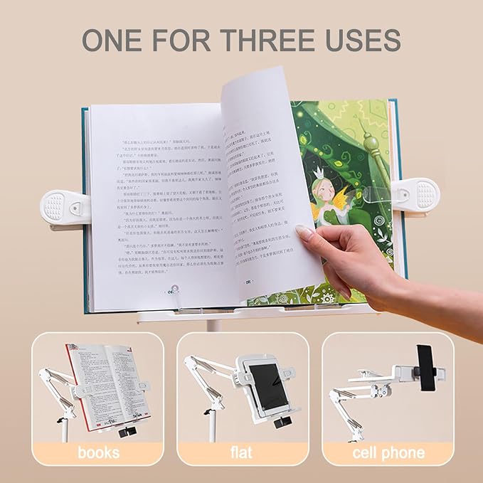 Book Stand for Bedsid, Book Light and 2 Spring Clips, with Phone Holder, Long Arm Table Music Stand, Adjustable Height Angle, for Laptop Phone Tablet, for Cookbooks, Textbooks, Magazines - Image 3