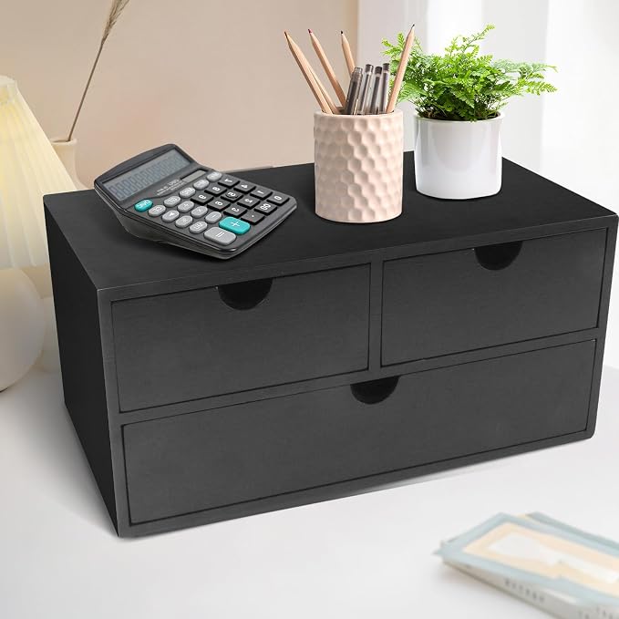 Charmewooden Bamboo Desk Organizer with 3 Drawers, Countertop Organizer with Drawers Makeup Storage Drawer 3 Drawer Tabletop Storage Organization Box Home Office Workspace（Black） - Image 6