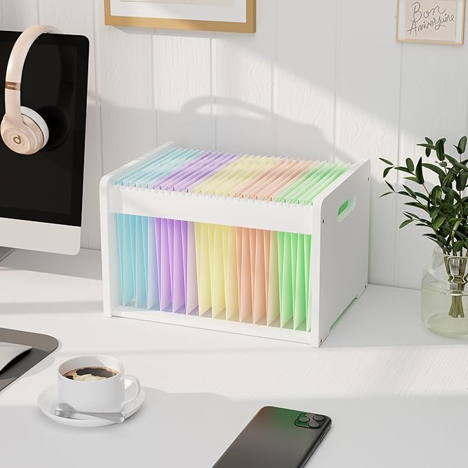 Bamboo Hanging File Organizer, Desk File Box, Open Top, 1 Pack, White | Open-Top Access, 2 Hanging Folders Included, Letter & Legal Files, Sliding Rails, Reinforced Handles, Easy Assembly by LONTAI