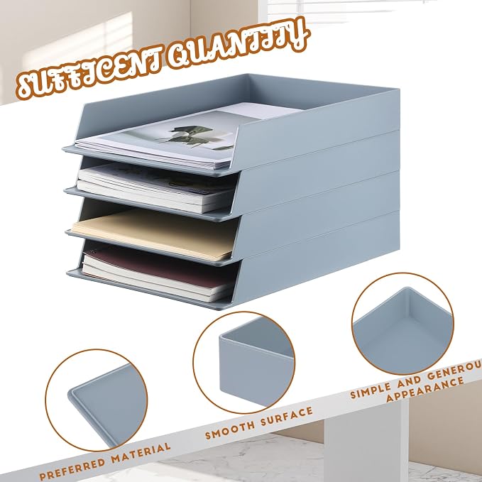 4 Pcs Stackable Paper Trays Rectangular Plastic Desk Holder Desktop Document File Organizer Storage Letter for Office Classroom (Gray) - Image 3