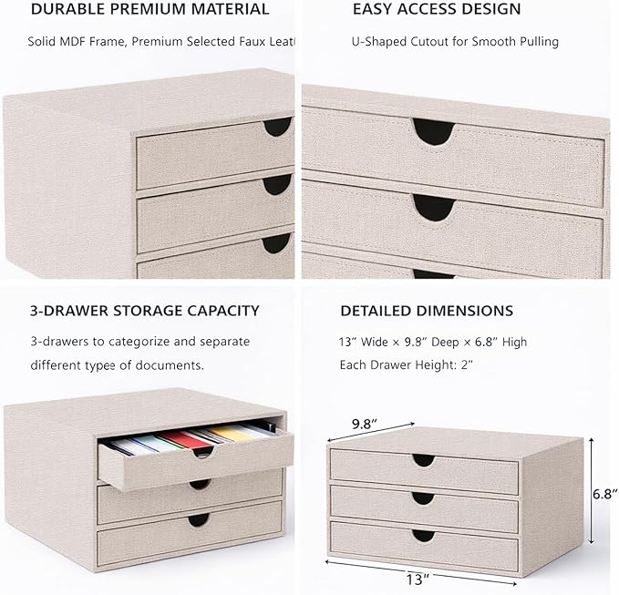 UnionBasic Document Organizer, 3-Drawer File Cabinet Document Storage Box, Office Desktop Filing Organizer, Beige - Image 4