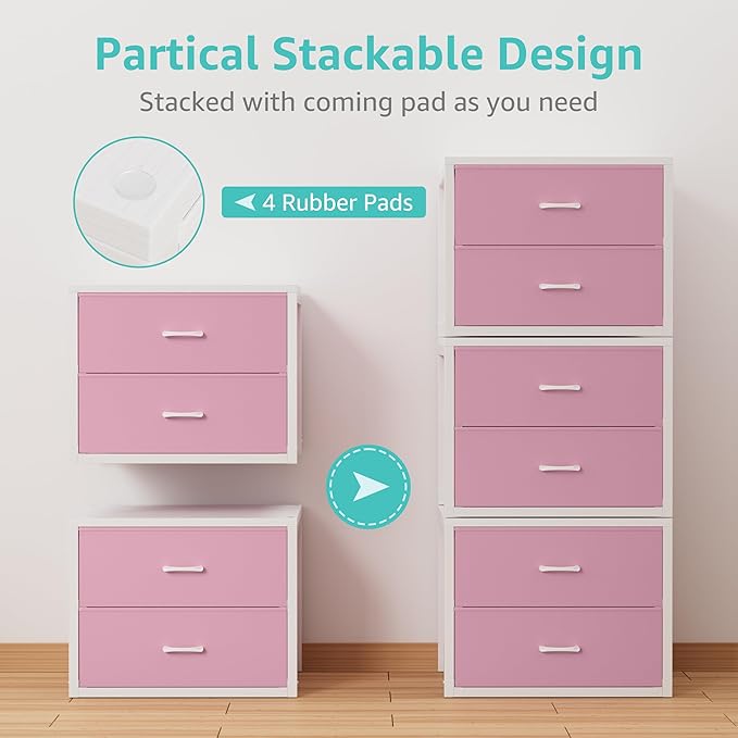 BOLUO Stackable Storage Drawers Closet Organizers and Storage Fabric White 2 Drawer Dresser for Bedroom Modern Pink - Image 5