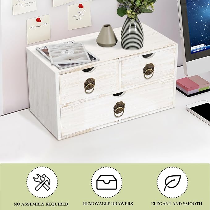 Wood Desk Organizer with Drawer, White Wooden Desktop Organizer, Tabletop Storage Organization Box for Countertop, Home Office Supplies (3 Drawer) - Image 7