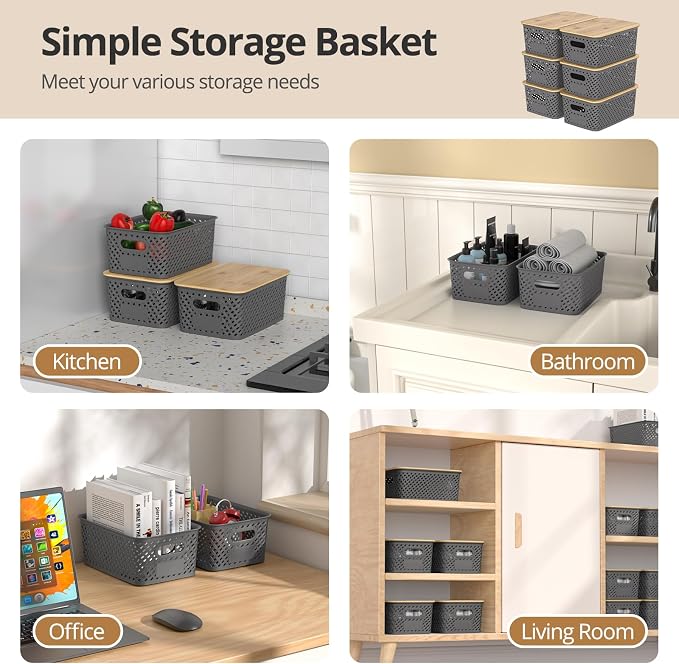 Plastic Storage Bins with Bamboo Lids, Stackable Small Box Baskets for Organizing and Containers for Shelves Drawers Desktop Closet Pantry Classroom Office Home, 6 Pack 10.2x7.2x4.1 Inch, Gray - Image 5