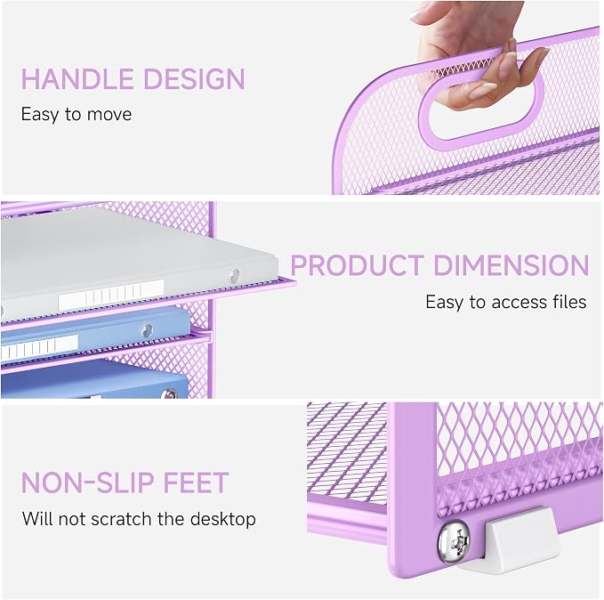 Lavatino 4-Tier Paper Organizer Trays - Purple Mesh File Folder Sorter with Handles, Desk Letter Holder Organizer for Office, Home, School Supplies Storage & Organization - Image 3