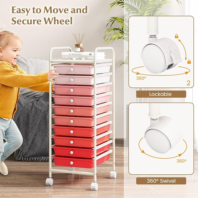 Storage Cart, Rolling Utility Cart with 10 Drawers, Portable Handles & Lockable Wheels, Mobile Paper Toys Storage Organizer Large Capacity for Home Office School Teacher (Gradient Pink) - Image 6