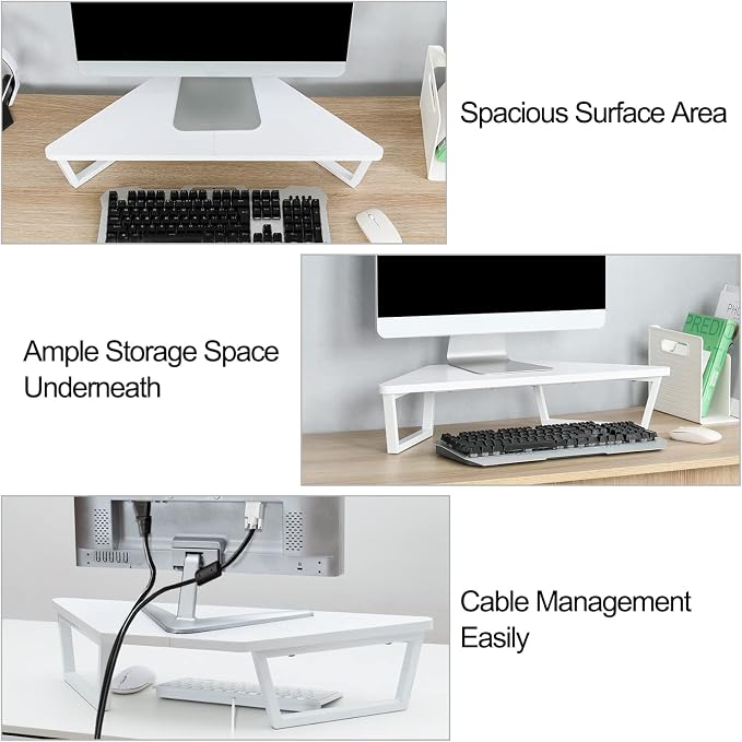 TEAMIX 26 inch White Triangle Monitor Stand Riser, Desktop Corner Shelf with Metal Leg Wood Computer Stand with Storage Laptop Riser Office Organization | Triangle Monitor Stand, Wood & Metal Computer Stand, Laptop Riser, Desktop Organizer, for L Shape... - Image 3