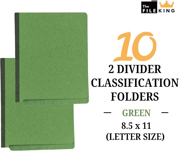 The File King Green Pressboard Classification Partition File Folder - Letter Size | Box of 10 | End Tab with Two Dividers | 2” Expansion | Durable 2-Inch Fastener Prongs - Image 2