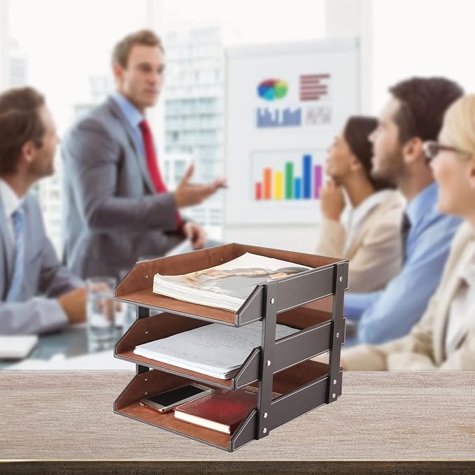 Very Sturdy 3 Tier Leather Desk File Rack for Office Supplies/Stationery/Folder,Stackable Letter Tray Organizer,Document Filing Organizer Holder for Desktop Storage (Brown)… - Image 7