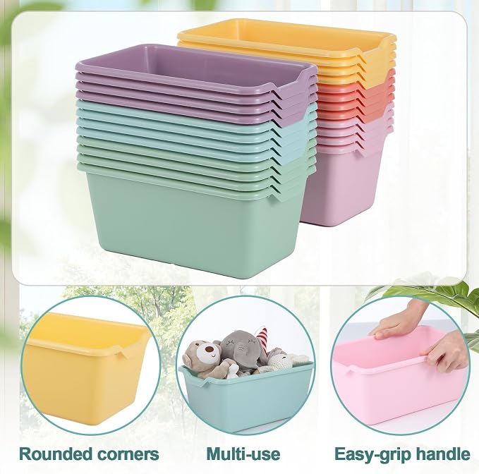 gisgfim 24 Pack Plastic Cubby Bins Classroom Book Bins Scoop Front Stackable Easy-to-Grip Toy Storage Tubs Containers for School Library Office Home Nursery Playroom Organization (Pastel Color) - Image 3