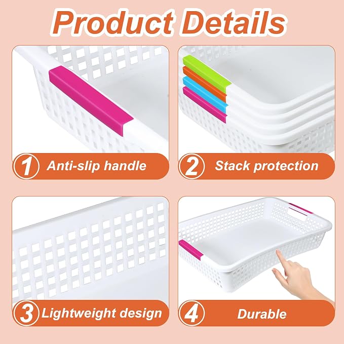 12 Pack Classroom Storage Baskets 15''x10''x3'' Large Plastic Paper Trays with Handle Letter Size A4 Paper Toy Basket Turn in Trays for Library Office Desk Drawer Organizing (12, White) - Image 4