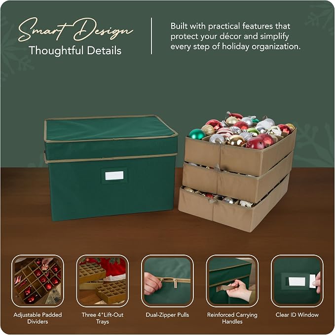 Covermates Keepsakes Adjustable Ornament Storage Box – Heavy-Duty Polyester, Padded Dividers & FlexGrid Trays – Protective Holiday Organizer with Stackable Walls & Label Window, Green - Image 4