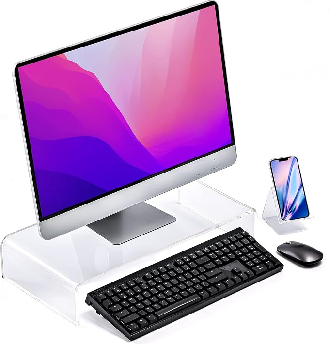 20"x10"x4" Acrylic Monitor Stand, Clear Laptop Riser with Bonus Phone Stand | Extra-Wide Clear Premium Acrylic Computer Stand, Monitor Riser & Ergonomic Desk Organizer Shelf for Office, Home, Printer, TV - Image 5