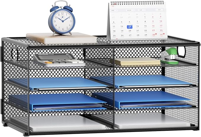 Lavatino 8 Compartments Paper Organizer for Desk, Mesh Literature Organizer, Mail File Sorter Tray with Handle, Desktop Mailbox for Office Classroom Home, Black by Lavatino