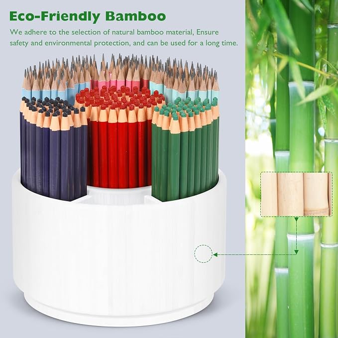 Bamboo Rotating Round Art Supply Organizer, Pencil Holder Desk Organizer | with 7 Compartments, Office Supplies Desktop Storage Caddy for Colored Pencils(white) - Image 4