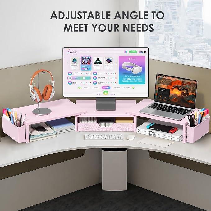 Desk Organizers and Accessories, Dual Monitor Stand Riser with Drawer and 2 Pen Holders, Desk Shelf Computer Racks for Office Workspace Organizers, Desktop Organization (Pink) - Image 6