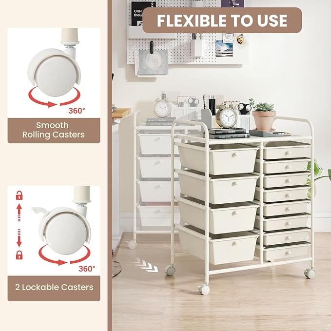 COSTWAY 12 Drawer Rolling Storage Cart, Utility Cart with Metal Frame | Mobile Art Supply Craft Organizer, Multipurpose Storage Organizer for Paper, Office, School Teacher, Classroom, White - Image 5