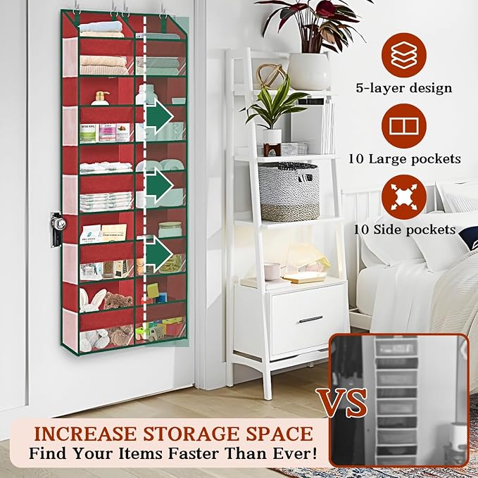 Over The Door Organizer 5 Tiers Extra Large Behind Door Storage of 10 | 80 lbs Weight Capacity Hanging Storage Organizer with Clear Window Kids Toys, Shoes, Diapers, Red - Image 2