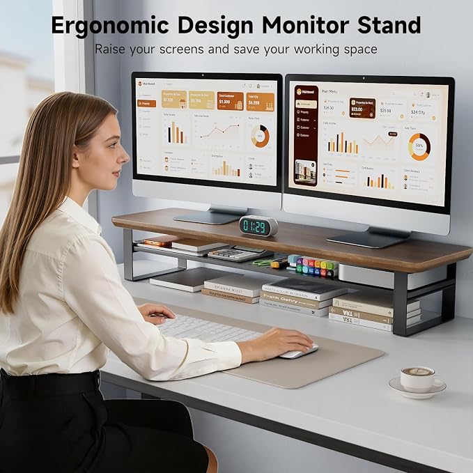 Dual Monitor Stand, 35.4 Inch Monitor Stand Riser for 2 Monitors, 2 Tiers Wood Desk Shelf with Storage, Desktop Organizer Stand for Computer, Laptop, Printer, TV - Image 6