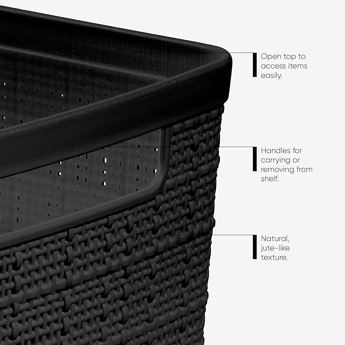 Curver Set of 8 Slim 6.8L Jute Decorative Plastic Organization and Storage Baskets - Perfect Bins for Home Office, Closet Shelves, Kitchen Pantry and All Bedroom Essentials, Black - Image 4