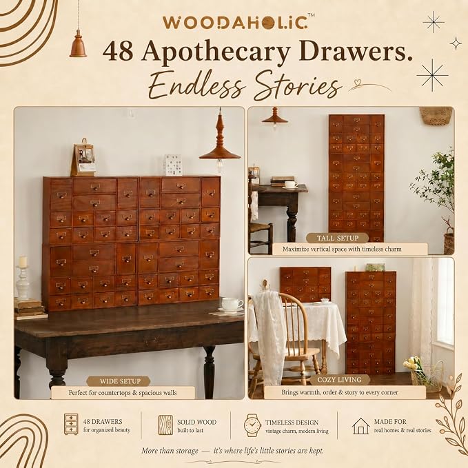 Modular Apothecary Cabinet with 48 Drawers I Stackable Library Card Catalog Organizer, Solid Wood Desktop Storage with Metal Label Holders for Makeup, Crafts, Oils, Tea & Office Supplies - Image 4