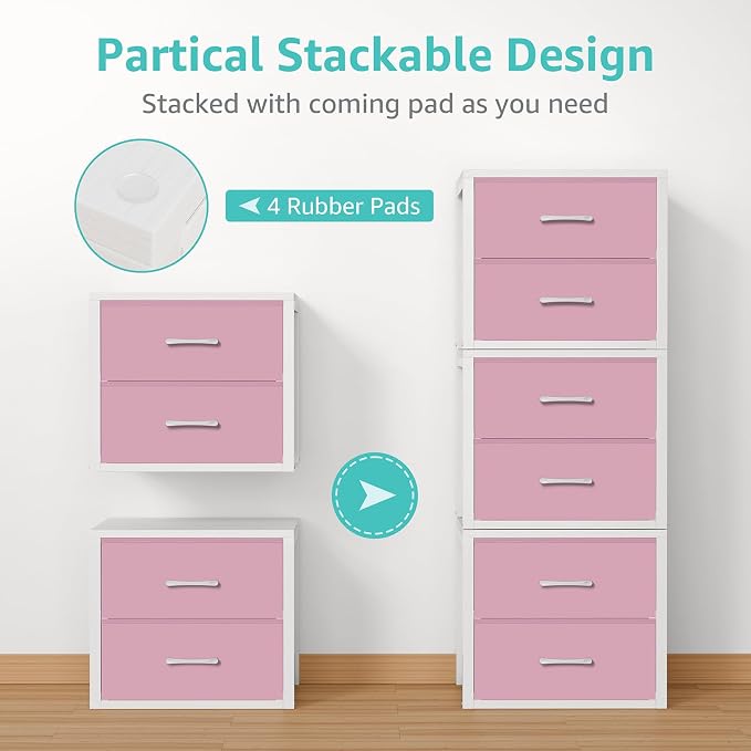 BOLUO Stackable Closet Drawers for Clothes Organizers and Storage Fabric Pink 2 Drawer Dresser for Bedroom 2 Packs Modern Small - Image 4