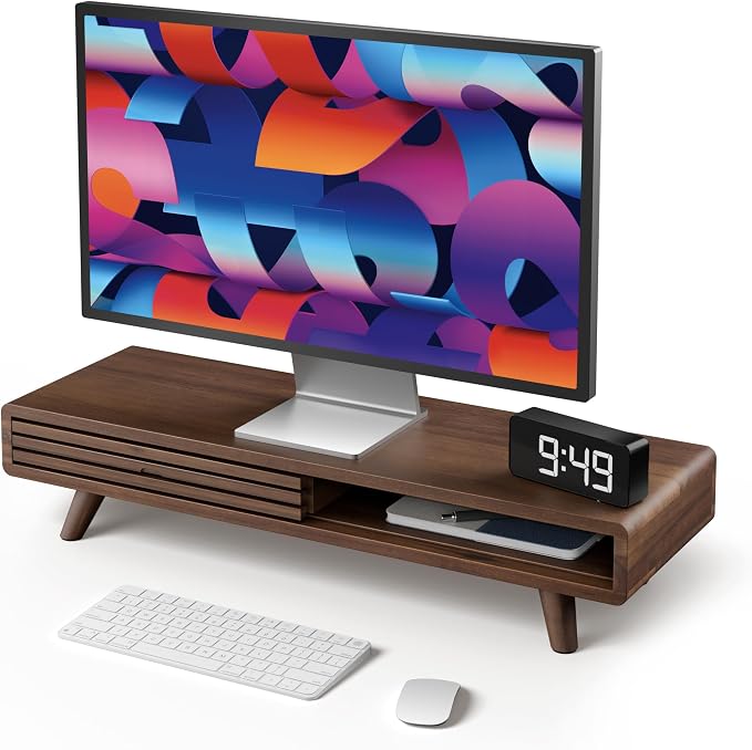 Tinamo 24" Wooden Monitor Stand Riser with Storage Organizer, Walnut Color | Acacia Wood, Sliding Door, Cable Management, Fits up to 32" Monitors, Multi-purpose Storage, Used for Computer, Laptop, TV by TINAMO