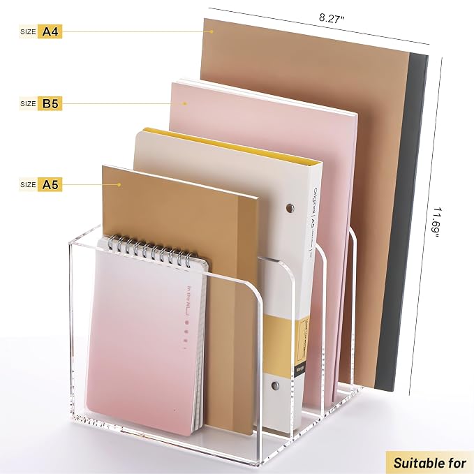 YUXUN Acrylic Magazine Holder,Clear Desk Organizer File Sorter for Notebook,Paper,Envelope,Magazine, Book Storage-Office/Home/Classroom Organization(4 Compartments,B5) - Image 3